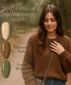 🌿 Earthbound – Gel Polish Trio Ervaar de kalme schoonheid van de natuur met Earthbound, een gel polish collectie die rust, warmte en verfijning samenbrengt. Dit Gel Polish Trio is geïnspireerd door aardse tinten en de serene sfeer van een herfstwandeling door het bos — perfect voor wie houdt van natuurlijke elegantie met een vleugje diepte.
