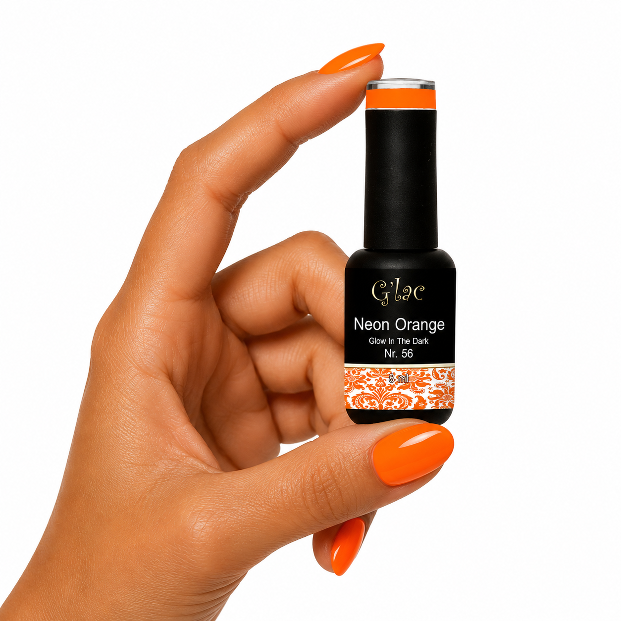 N°56 Neon Orange Opvallende neonoranje gellak met Glow In The Dark effect. Perfect voor zomer, festivals en creatieve nagellooks. Ontdek G'lac.