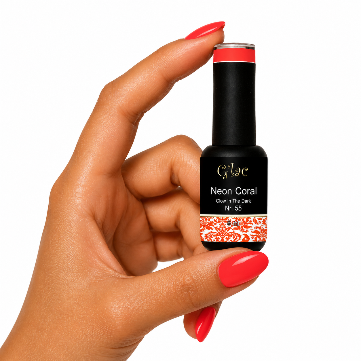 N°57 Neon Coral Trendy neon koraalkleur met Glow In The Dark effect. Een frisse zomerse gellak met intense pigmentatie en prachtige glans.
