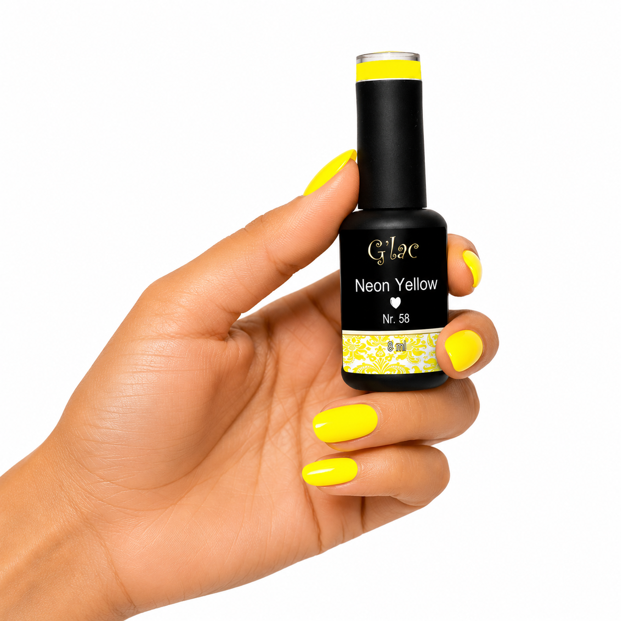 N°58 Neon Yellow Stralende neongele gellak met ultra felle pigmentatie. Perfect voor zomer, nail art en opvallende nagels. Exclusief van G'lac.