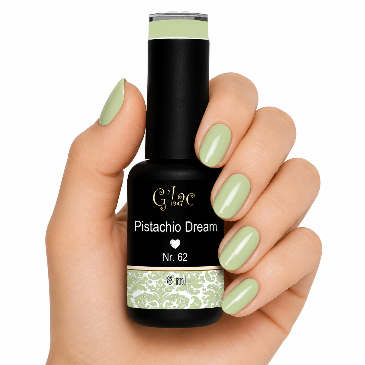 G’lac Pistachio Dream is een zachte pistachegroene gel polish. Fris, trendy en perfect voor zomerse nagels of een Mystic Cat Eye-effect.