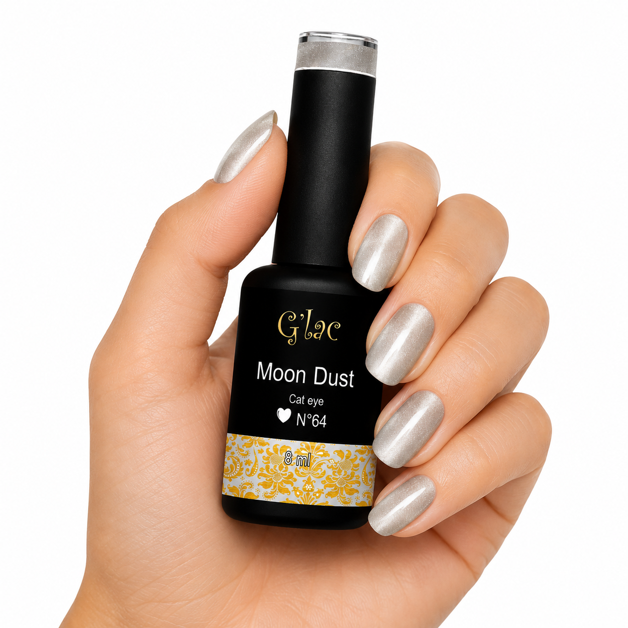 G’lac Moon Dust is een transparante Cat Eye Effect Gel met zilverwitte parelmoerglans. Combineer met elke G’lac kleur voor een magisch magnetisch effect.