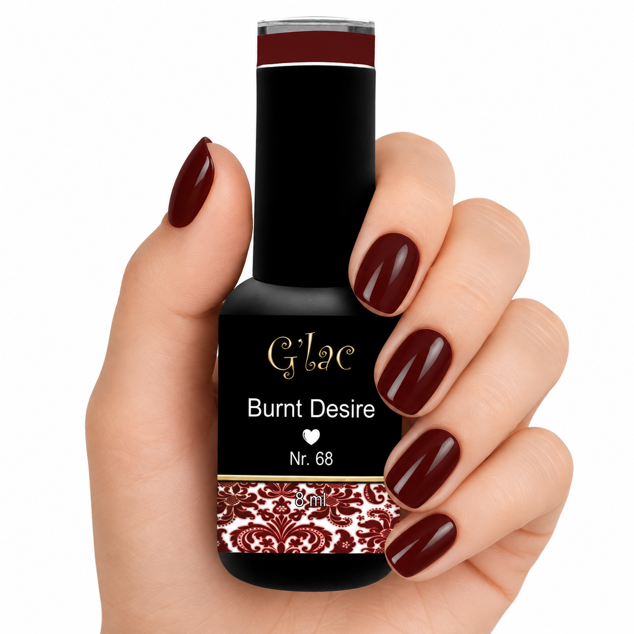 Ontdek G’lac Burnt Desire Nr. 68: een diepe bordeauxrode gellak met prachtige glans. Professionele kwaliteit, HEMA-free en perfect voor elegante nagels!